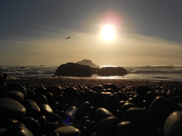 Sunset on close-up beach cobbles