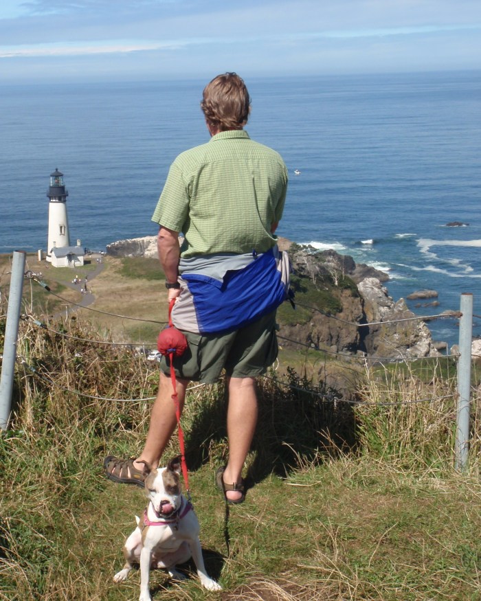 Man and dog overlooking lighthouse and ocean
