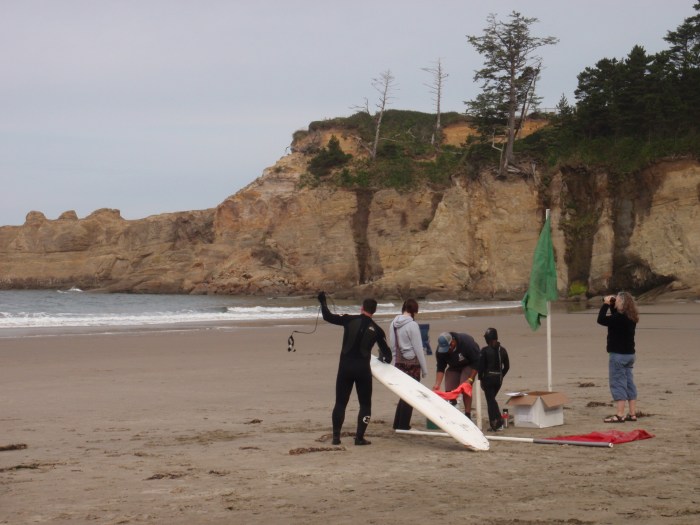 People on beach with surfboard