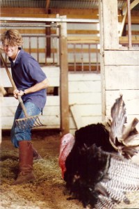 Man stabbing at turkey with pitchfork