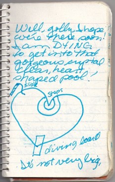 Hand-drawn diagram of a heart-shaped pool on lined notebook paper
